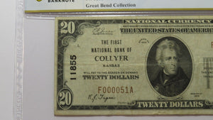 $20 1929 Collyer Kansas KS National Currency Bank Note Bill Ch. #11855 VF30 PCGS