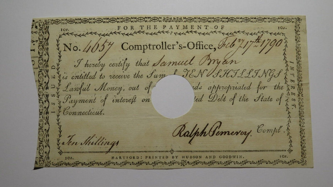 1790 10 Shillings Connecticut Comptrollers Office Colonial Currency Note Pomeroy
