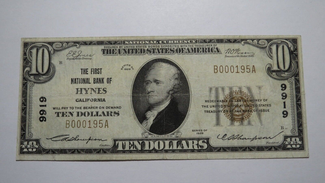 $10 1929 Hynes California CA National Currency Bank Note Bill! Ch. #9919 VF+!