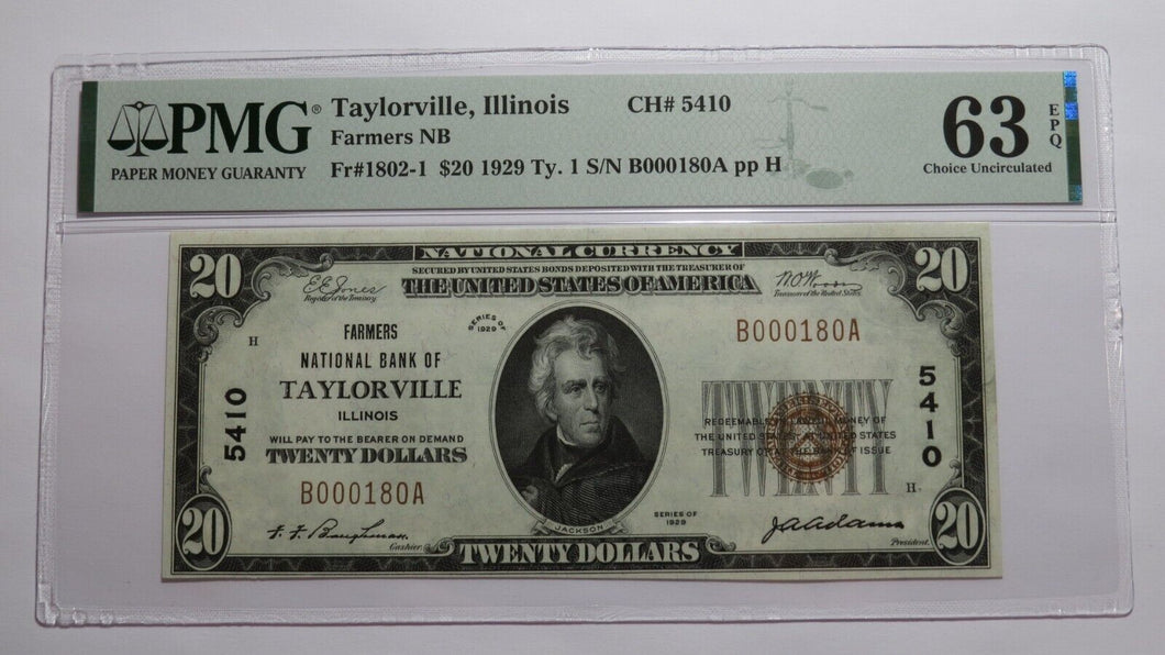 $20 1929 Taylorville Illinois IL National Currency Bank Note Bill Ch #5410 UNC63