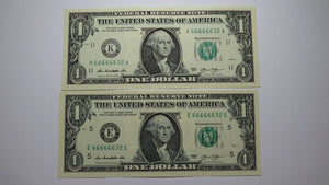 2 $1 2003 Matching Fancy Serial Numbers Federal Reserve Bank Note Bills Gem UNC+