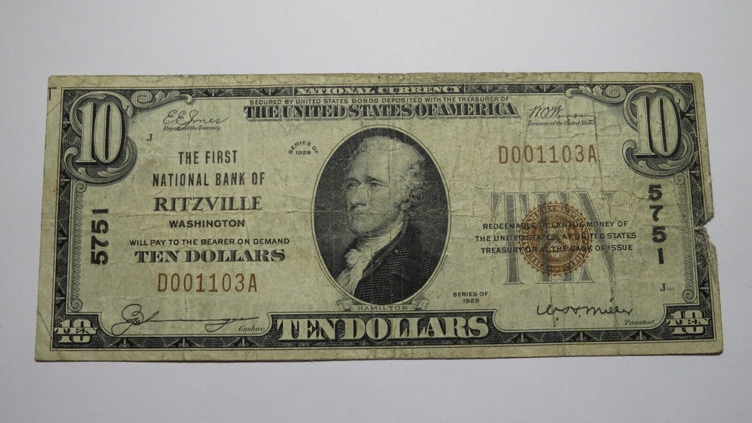 $10 1929 Ritzville Washington WA National Currency Bank Note Bill Ch. #5751 RARE