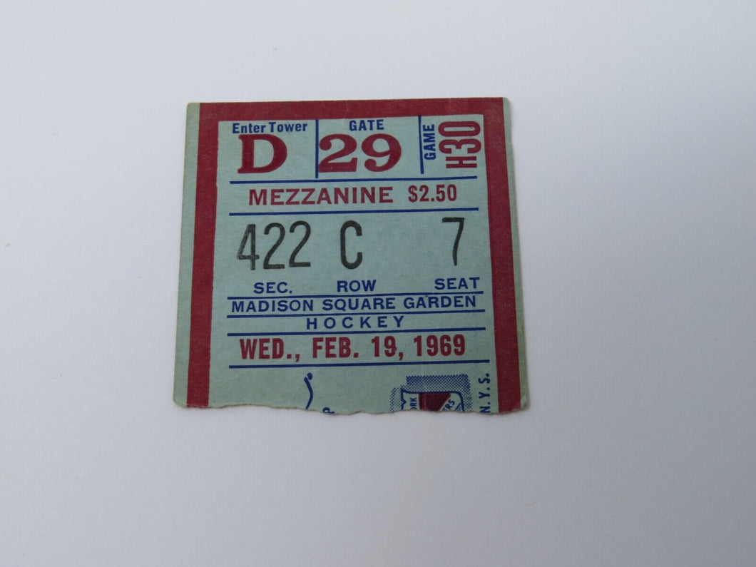 February 19, 1969 New York Rangers Vs. Detroit Red Wings NHL Hockey Ticket Stub