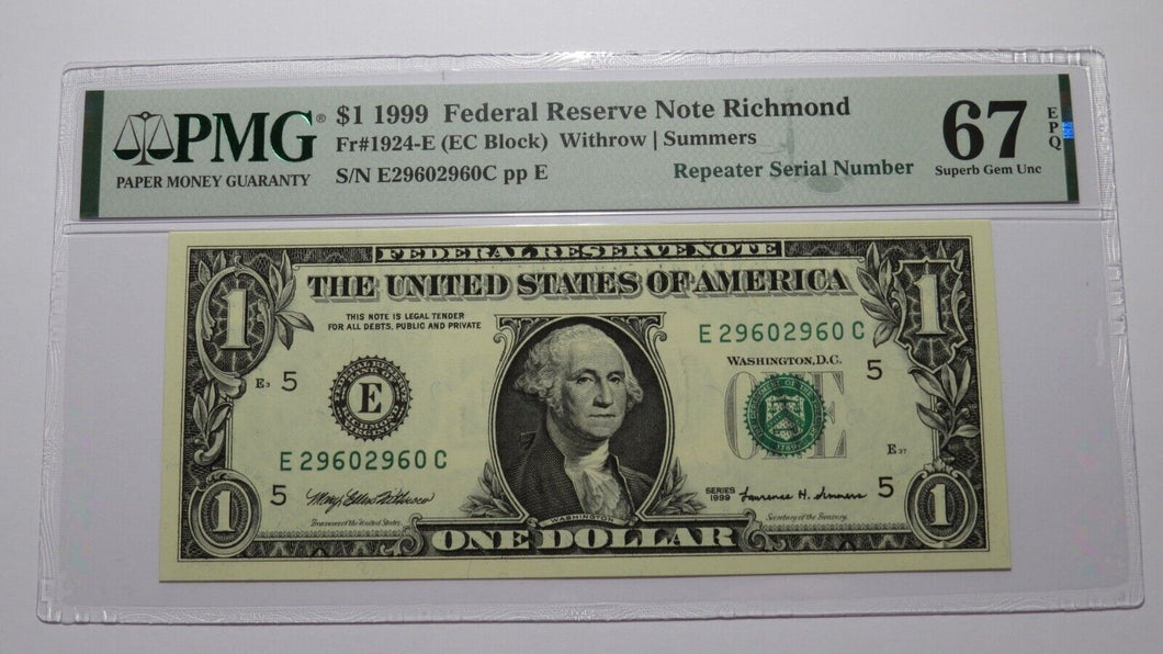 $1 1999 Repeater Serial Number Federal Reserve Currency Bank Note Bill PMG UNC67