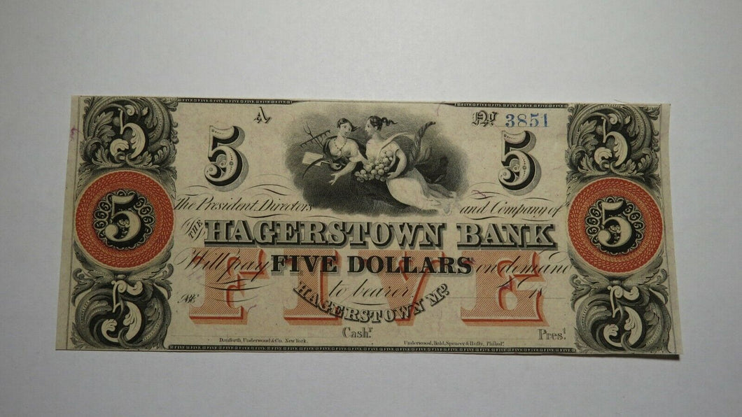 $5 18__ Hagerstown Maryland MD Obsolete Currency Bank Note Bill! Hagerstown Bank