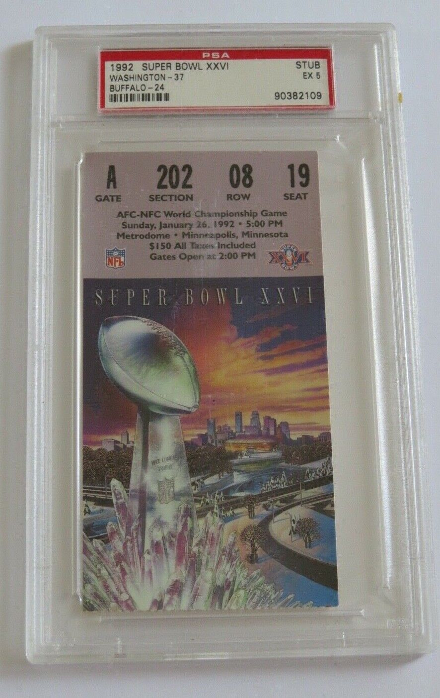 1992 Super Bowl XXVI Washington Redskins Vs. Buffalo Bills NFL Ticket Stub! PSA!