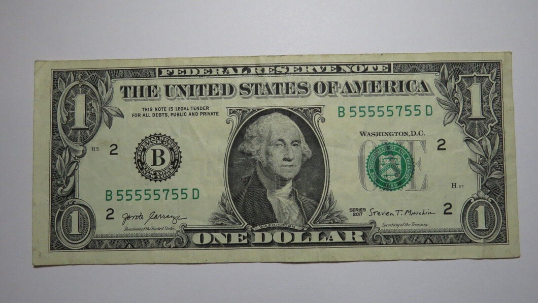 $1 2017 Near Solid Serial Number Federal Reserve Bank Note Bill VF+ #55555755