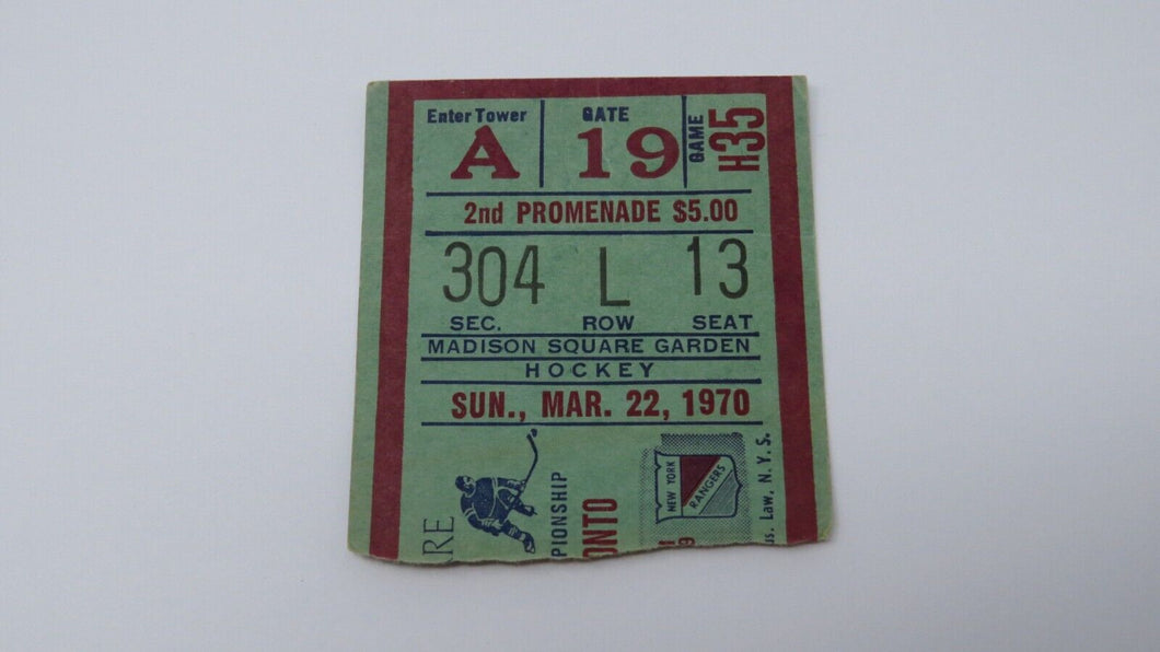 March 22, 1970 New York Rangers Vs. Toronto Maple Leafs NHL Hockey Ticket Stub