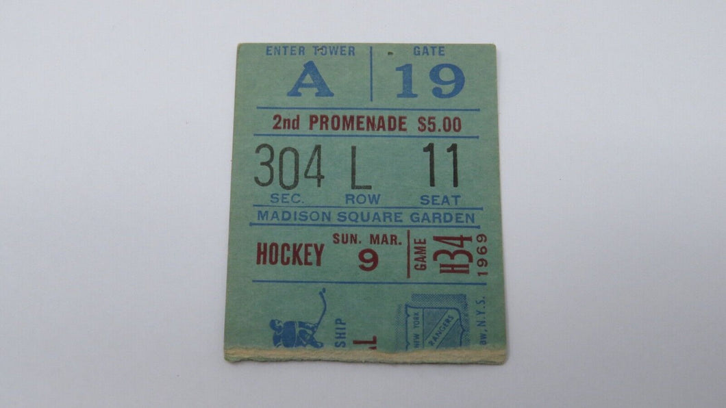 March 9, 1969 New York Rangers Vs. Montreal Canadiens NHL Hockey Ticket Stub
