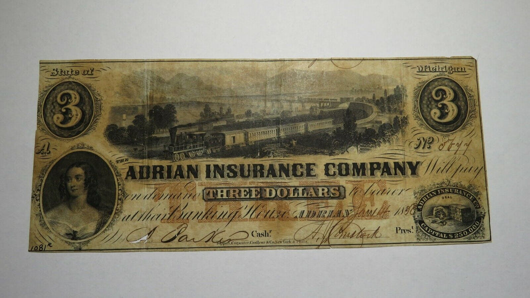 $3 1858 Adrian Michigan Obsolete Currency Bank Note Bill! Adrian Insurance Co.