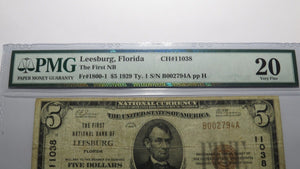 $5 1929 Leesburg Florida FL National Currency Bank Note Bill Ch. #11038 VF20 PMG