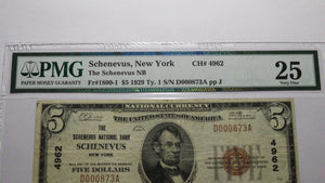 $5 1929 Schenevus New York NY National Currency Bank Note Bill Ch #4962 VF25 PMG
