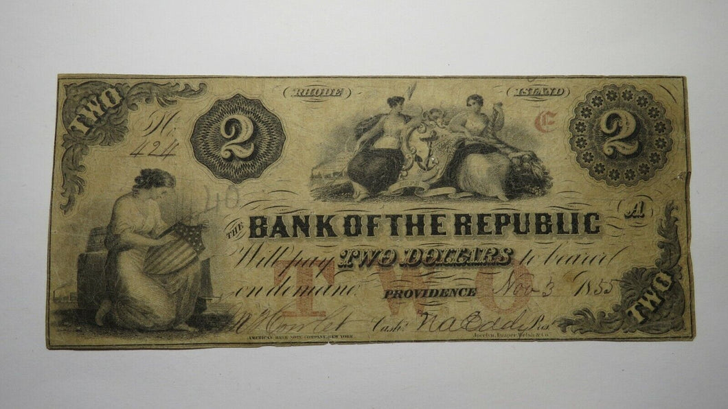 $2 1855 Providence Rhode Island RI Obsolete Currency Bank Note Bill! Bank of Rep