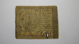 $40 1778 Continental Colonial Currency Note Bill Three Dollars Philadelphia PA