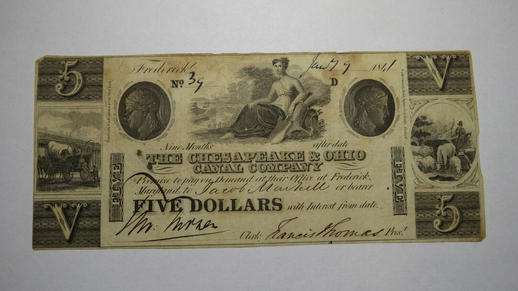 $5 1841 Frederick Maryland MD Obsolete Currency Bank Note Bill! Chesapeake Ohio