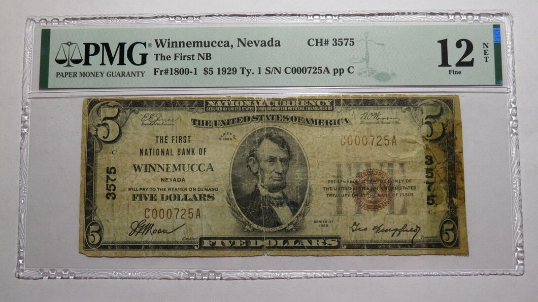 $5 1929 Winnemucca Nevada NV National Currency Bank Note Bill Ch. #3575 F12 PMG