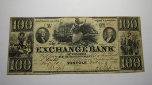 $100 1863 Norfolk Virginia VA Obsolete Currency Bank Note Bill! Exchange Bank