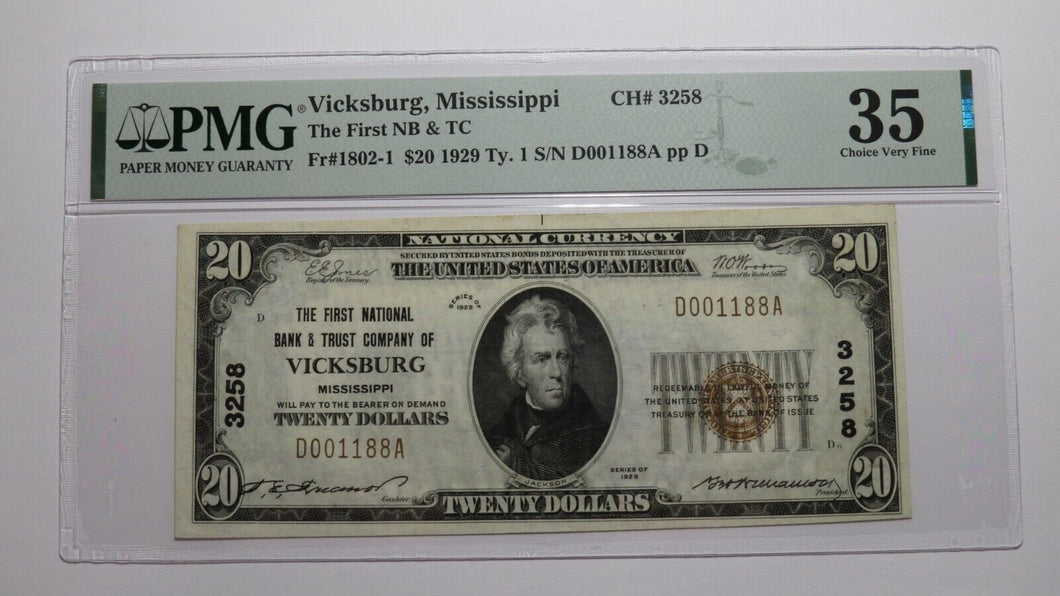 $20 1929 Vicksburg Mississippi MS National Currency Bank Note Bill Ch #3258 VF35