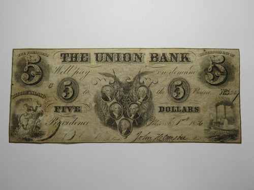 $5 1856 Providence Rhode Island RI Obsolete Currency Bank Note Bill Union Bank
