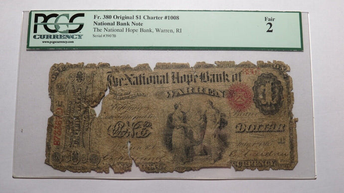 $1 1865 Warren Rhode Island RI National Currency Bank Note Bill #1008 Ace!