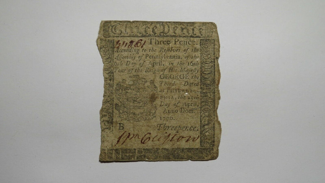 1776 Three Pence Pennsylvania PA Colonial Currency Bank Note Bill RARE ISSUE 3d