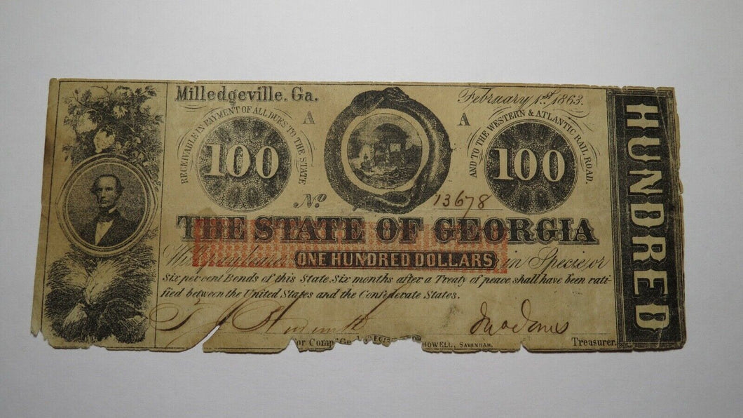 $100 1863 Milledgeville Georgia GA Obsolete Currency Bank Note Bill! State of GA