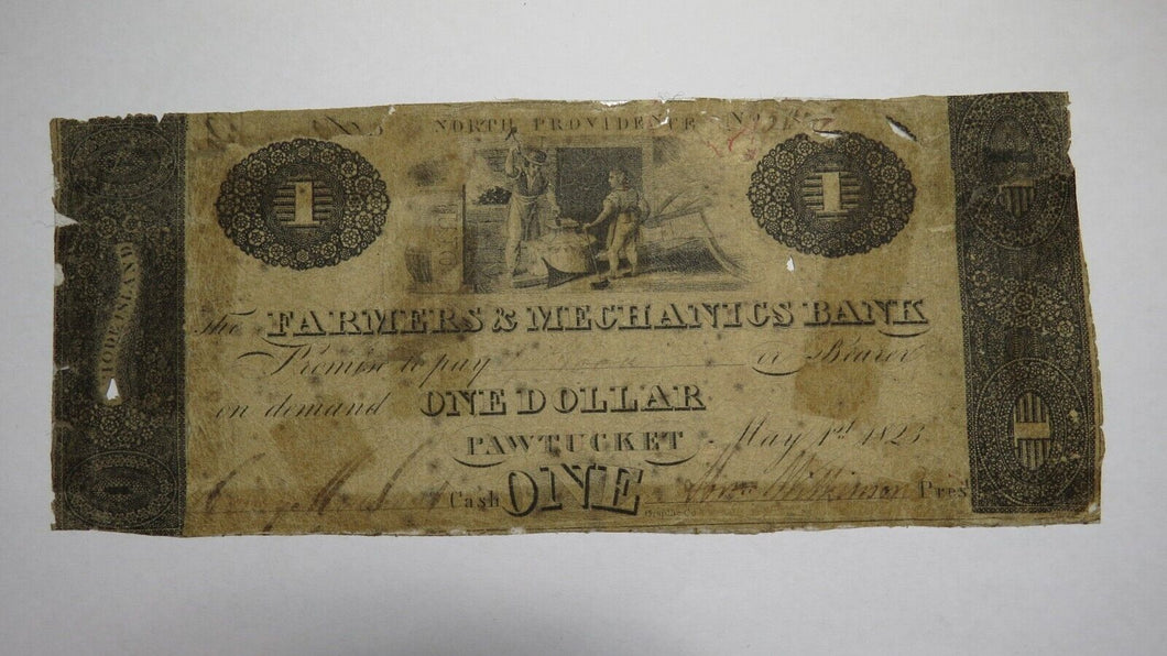 $1 1823 Pawtucket Rhode Island Obsolete Currency Bank Note Bill Farmers Mechanic