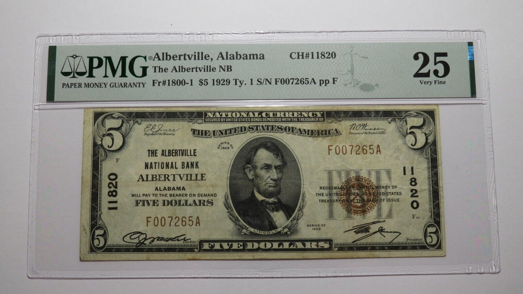 $5 1929 Albertville Alabama AL National Currency Bank Note Bill Ch. #11820 VF25