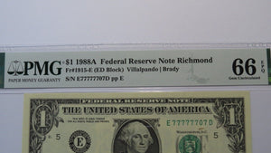 $1 1988 Near Solid Serial Number Federal Reserve Bank Note Bill UNC66 #77777707