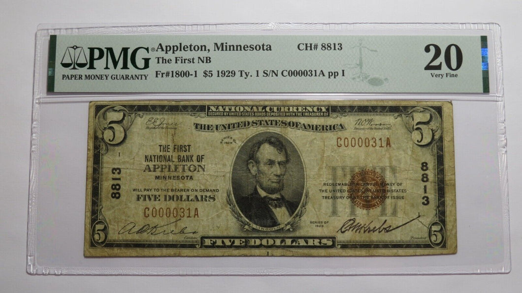 $5 1929 Appleton Minnesota MN National Currency Bank Note Bill Ch #8813 VF20 PMG