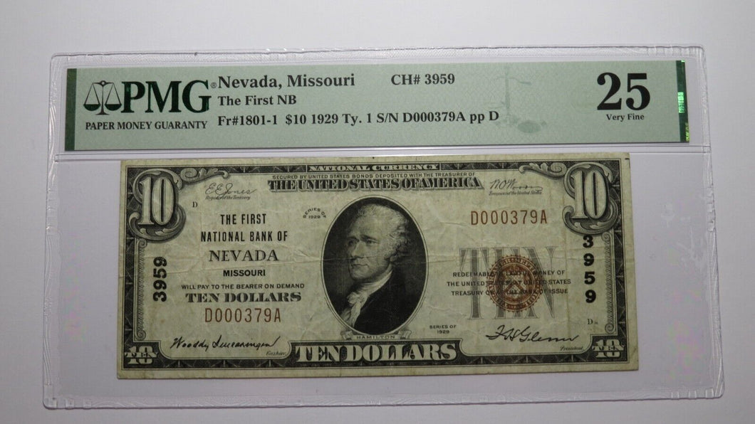 $10 1929 Nevada Missouri MO National Currency Bank Note Bill Ch. #3959 VF25 PMG