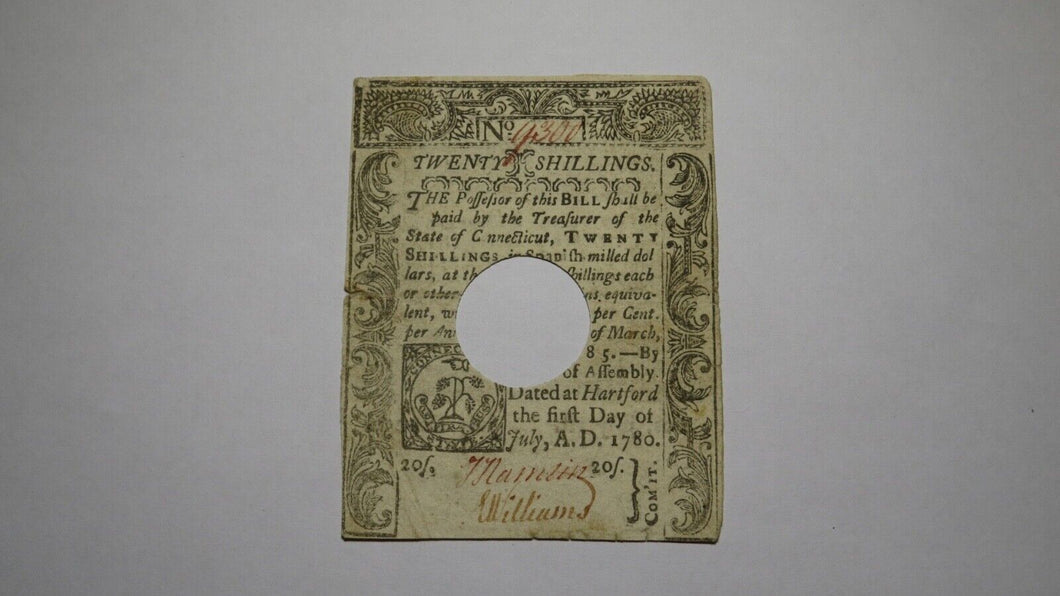 1780 Twenty Shillings Connecticut Colonial Currency Bank Note Bill RARE 20s