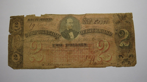 $2 1861 Richmond Virginia VA Obsolete Currency Bank Note Bill Corporation of VA