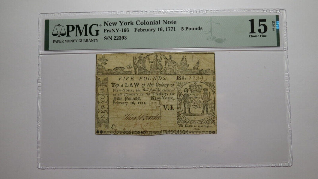1771 Five Pounds New York NY Colonial Currency Bank Note Bill Choice Fine 15 PMG
