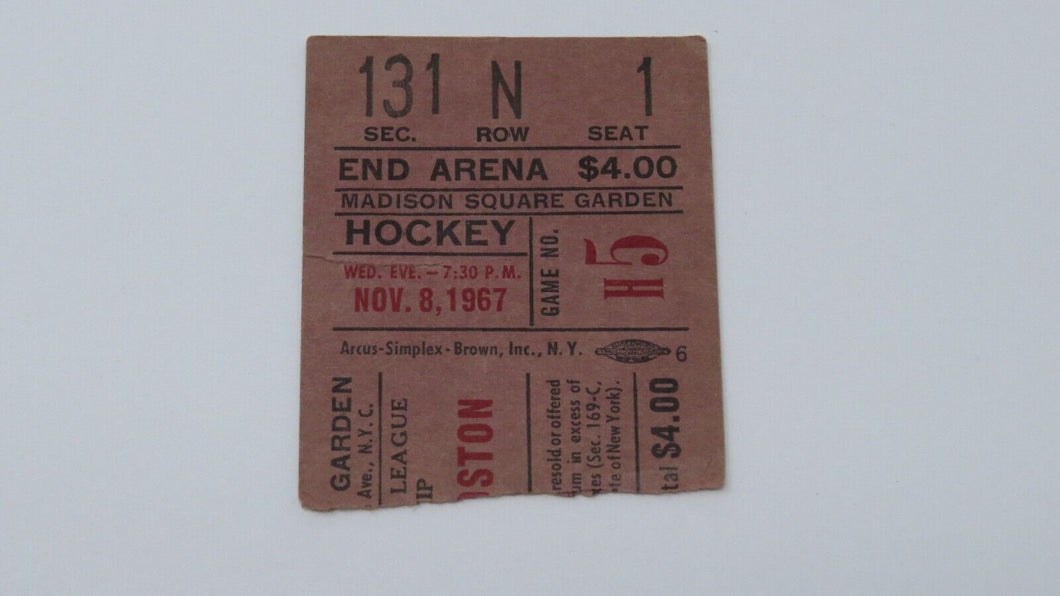November 8, 1967 Rangers Vs. Boston Bruins Hockey Ticket Stub Bobby Orr Goal