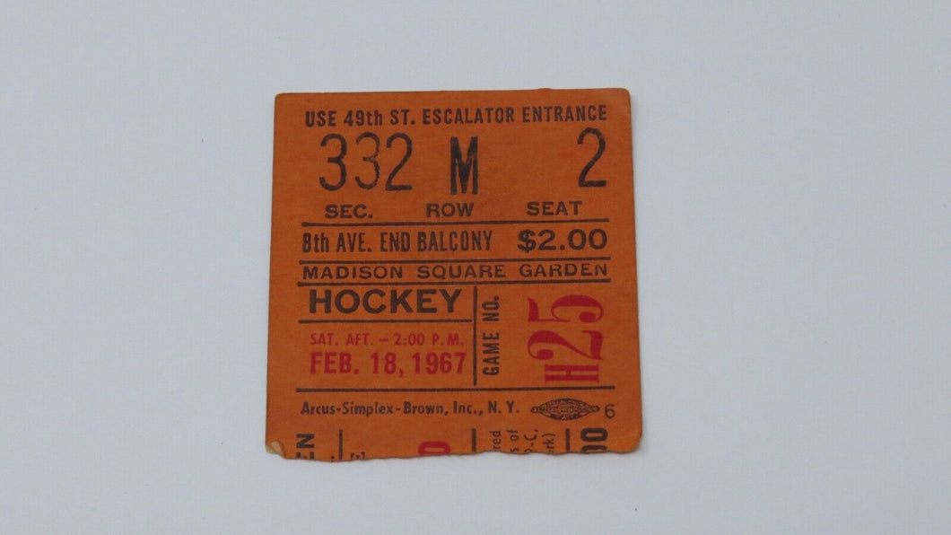 February 18, 1967 New York Rangers Vs. Chicago Blackhawks NHL Hockey Ticket Stub
