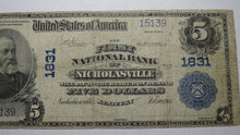 Load image into Gallery viewer, $5 1902 Nicholasville Kentucky KY National Currency Bank Note Bill #1831 RARE!