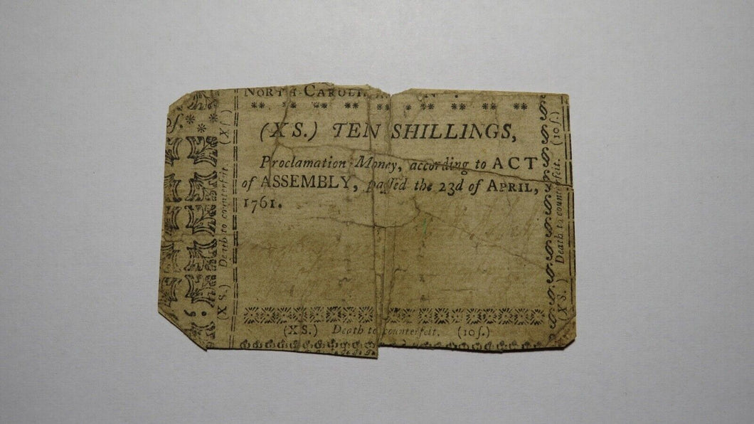 1761 Ten Shillings North Carolina NC Colonial Currency Note Bill! RARE 10s!