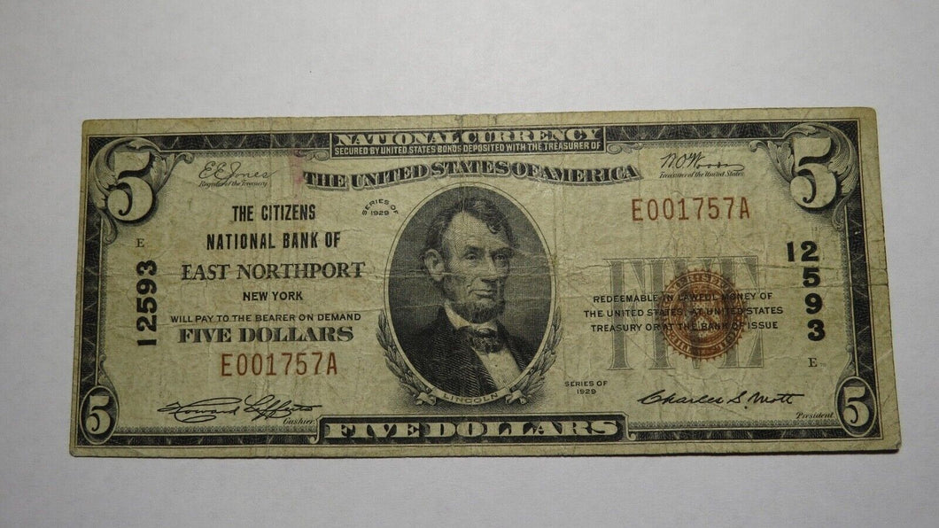 $5 1929 East Northport New York NY National Currency Bank Note Bill #12593 RARE!