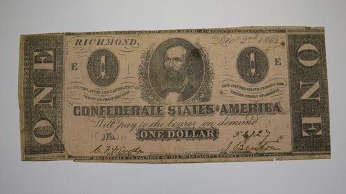 $1 1862 Richmond Virginia VA Confederate Currency Bank Note Bill RARE T55