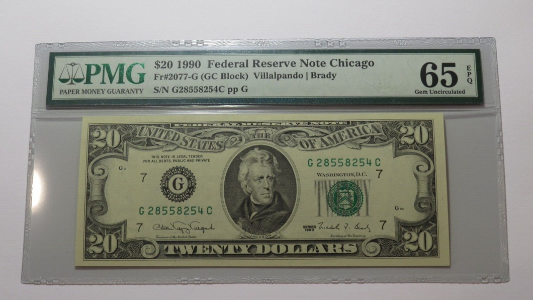 $20 1990 Chicago Illinois Federal Reserve Currency Bank Note Bill PMG UNC65EPQ