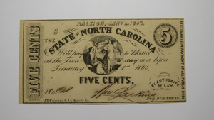 $.05 1863 Raleigh North Carolina Obsolete Currency Bank Note Bill State of NC XF
