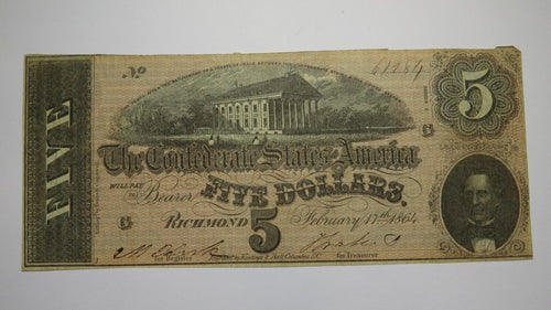 $5 1864 Richmond Virginia VA Confederate Currency Bank Note Bill RARE T69 VF!