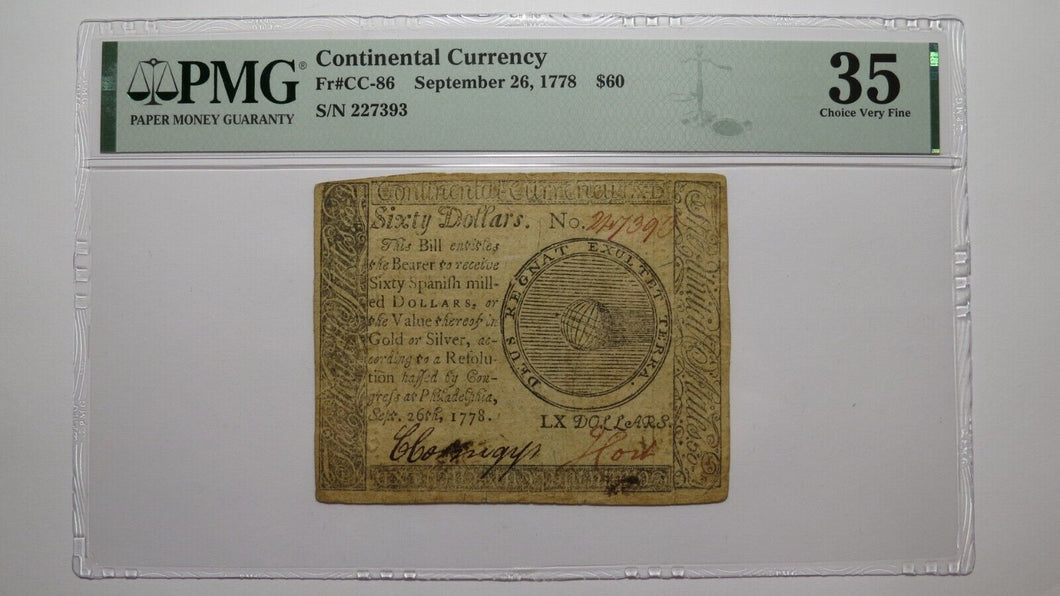 $60 1778 Continental Colonial Currency Note Bill Fifty Dollars PMG Graded VF35