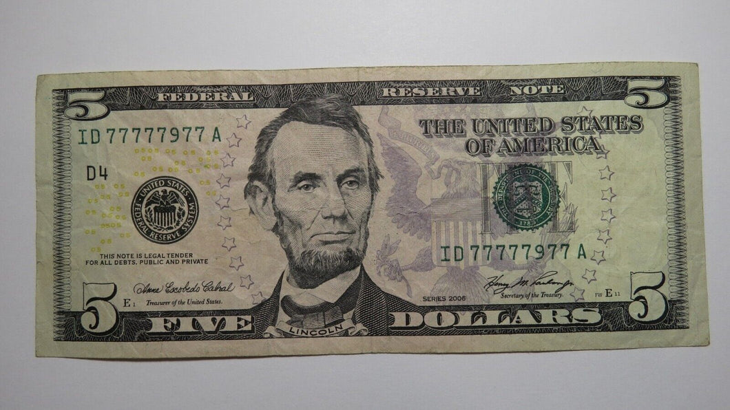 $5 2006 Near Solid Serial Number Federal Reserve Bank Note Bill VF+ #77777977