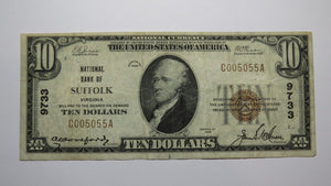 $10 1929 Suffolk Virginia VA National Currency Bank Note Bill Charter #9733 VF
