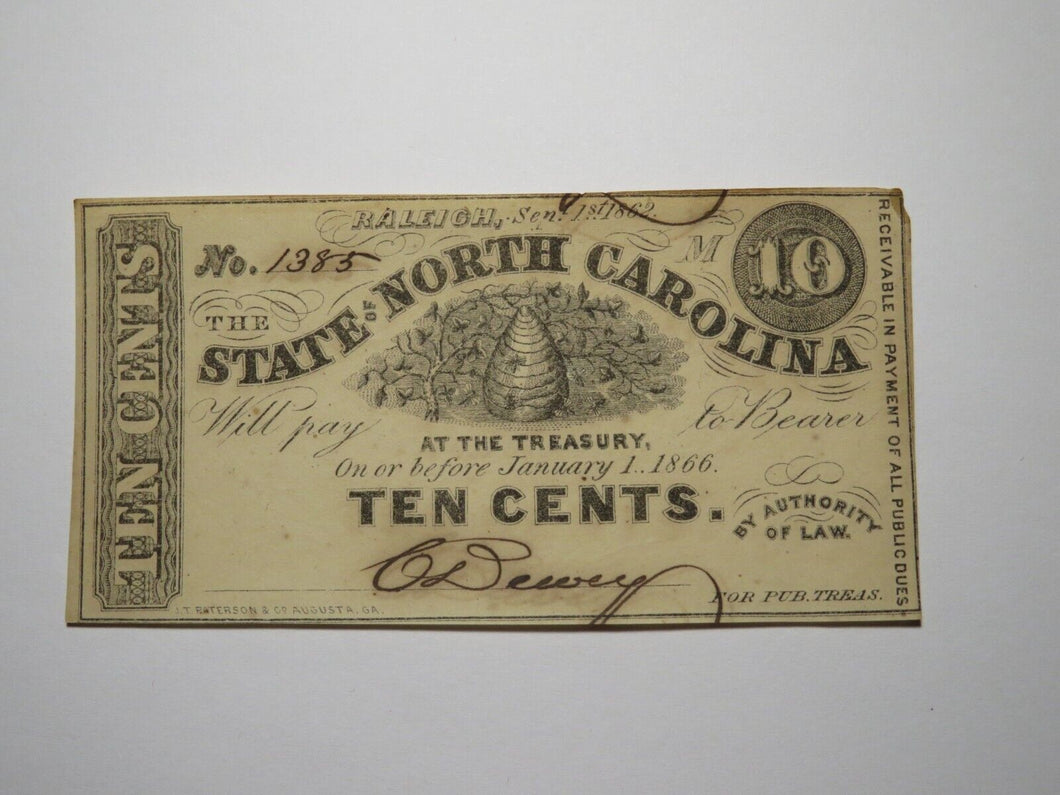 $.10 1862 Raleigh North Carolina Obsolete Currency Bank Note Bill NC State UNC