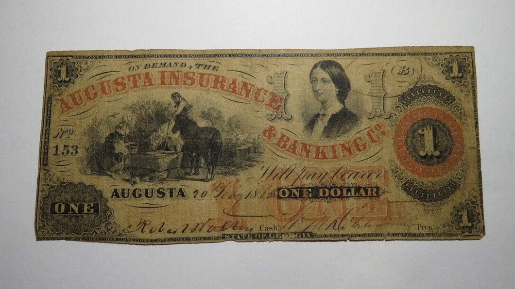 $1 1860 Augusta Georgia GA Obsolete Currency Bank Note Bill! Augusta Insurance