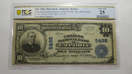 $10 1902 Emporia Kansas KS National Currency Bank Note Bill Ch. #5498 PCGS VF25
