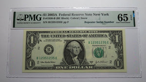 $1 2003 Repeater Serial Number Federal Reserve Currency Bank Note Bill PMG UNC65